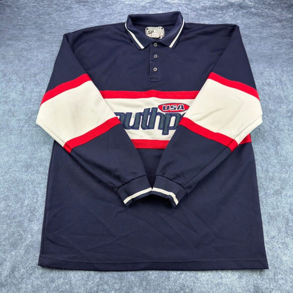 Southpole SP-USA‎ Microtech Vintage 90s Long Sleeve Polo Shirt Navy Red XL